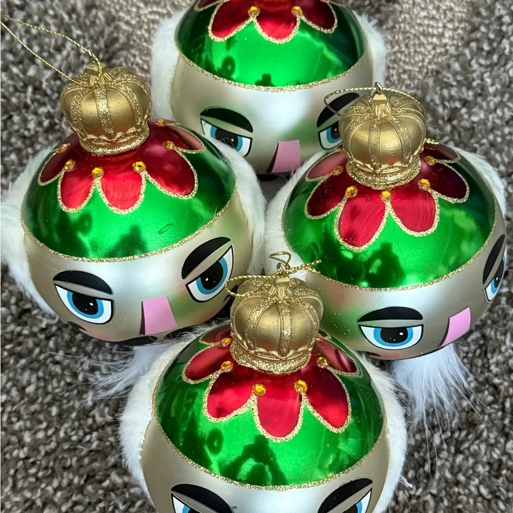 Vintage Pier 1 Round Glass Ball Nutcracker Ornaments Set of 4.